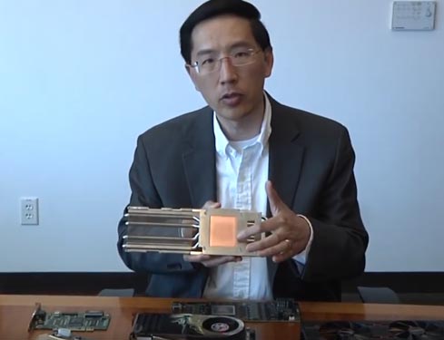 Woo shows a graphics card that uses GDDR6 memory