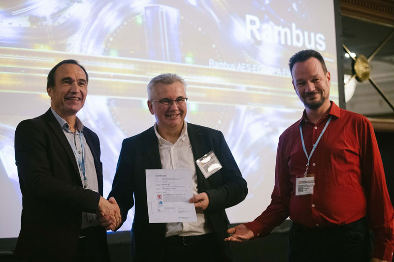 Stuart Kincaid, Director Systems Architecture and Certifications at Rambus, receiving the official Common Criteria certificate at the International Common Criteria Conference